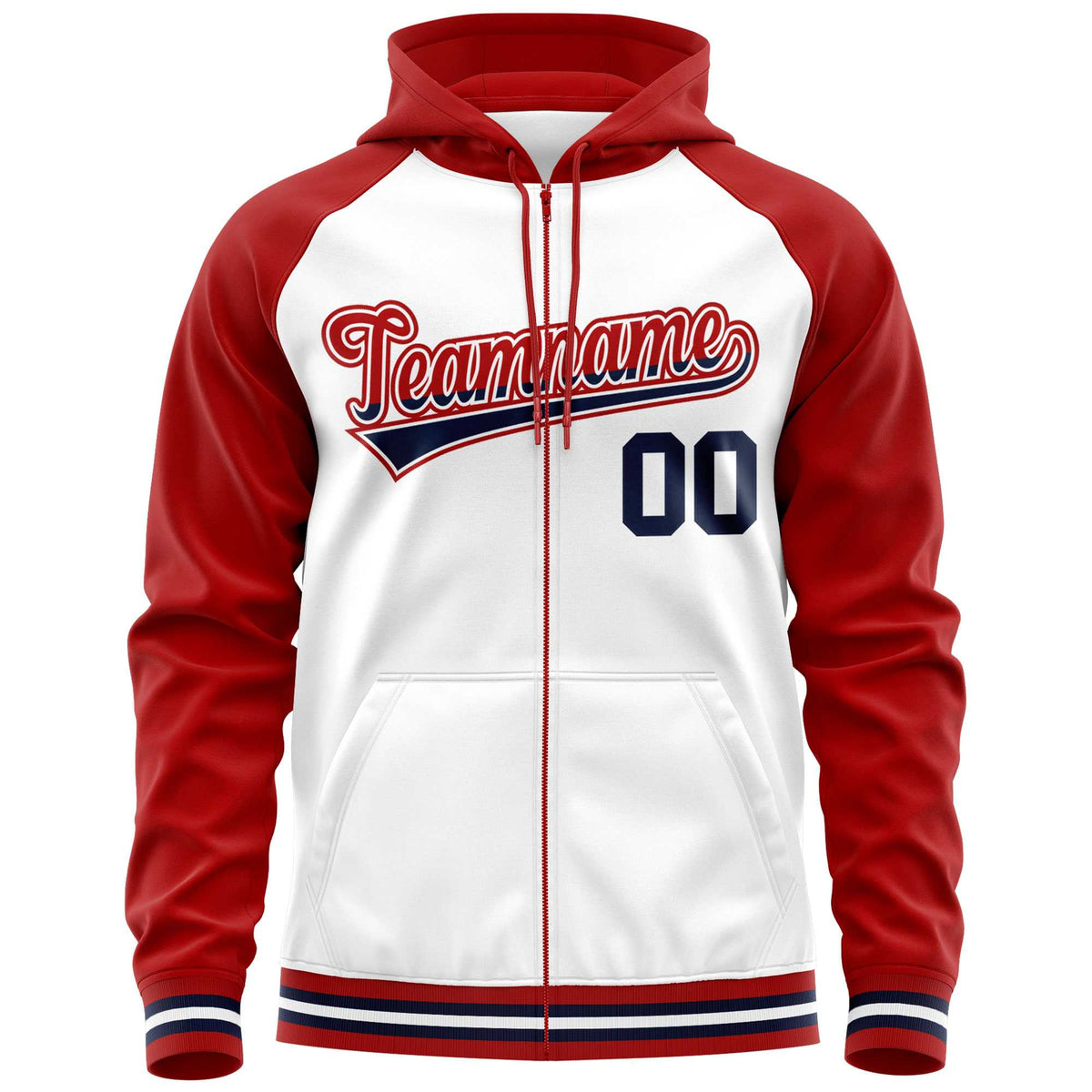 Custom Stitched White Red Raglan Sleeves Sports Full-Zip Sweatshirt Hoodie| KXKSHOP