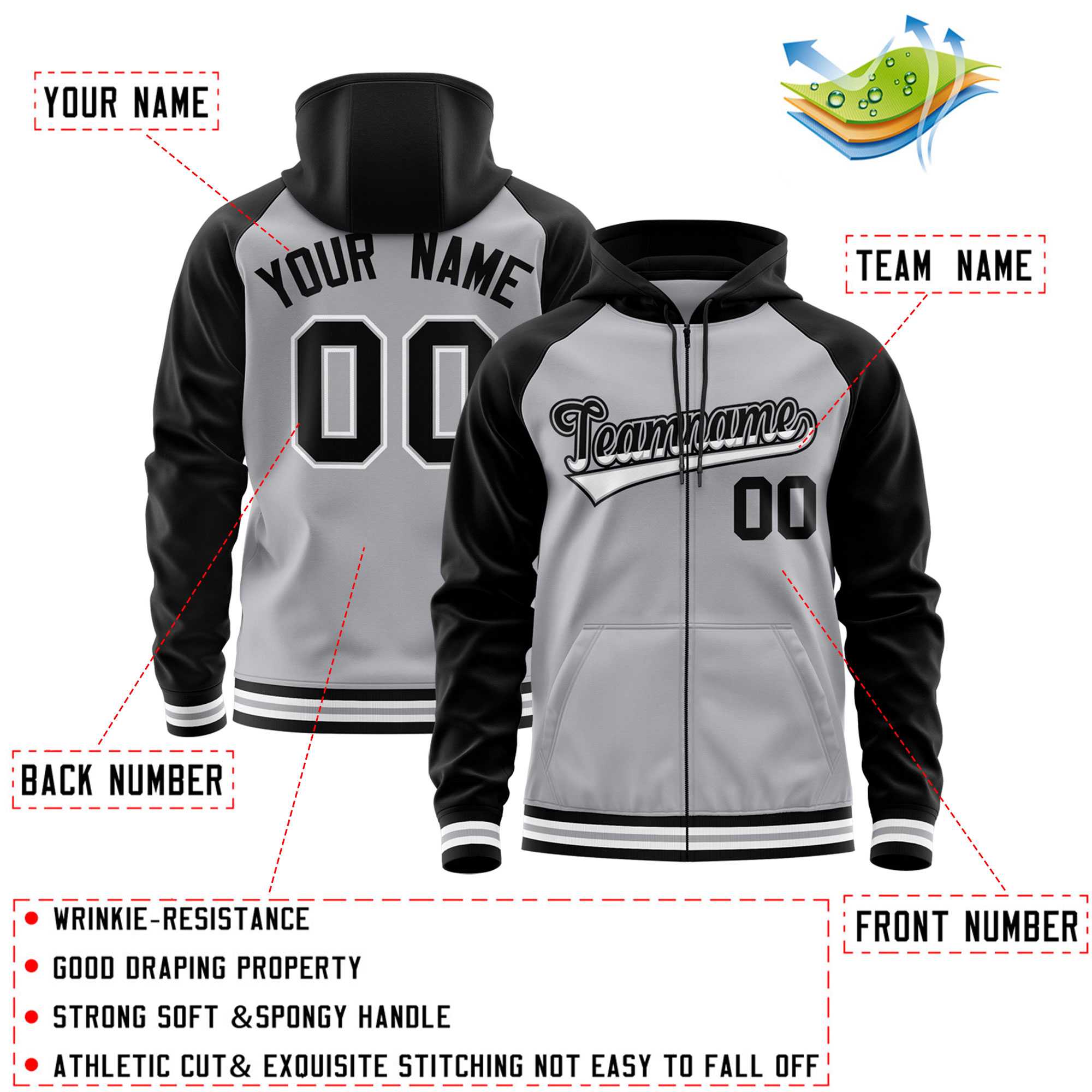Custom Stitched Gray Black Raglan Sleeves Sports Full-Zip Sweatshirt Hoodie| KXKSHOP