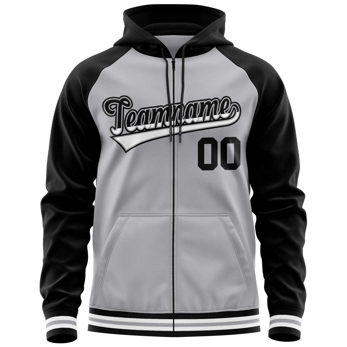 Custom Stitched Gray Black Raglan Sleeves Sports Full-Zip Sweatshirt Hoodie| KXKSHOP