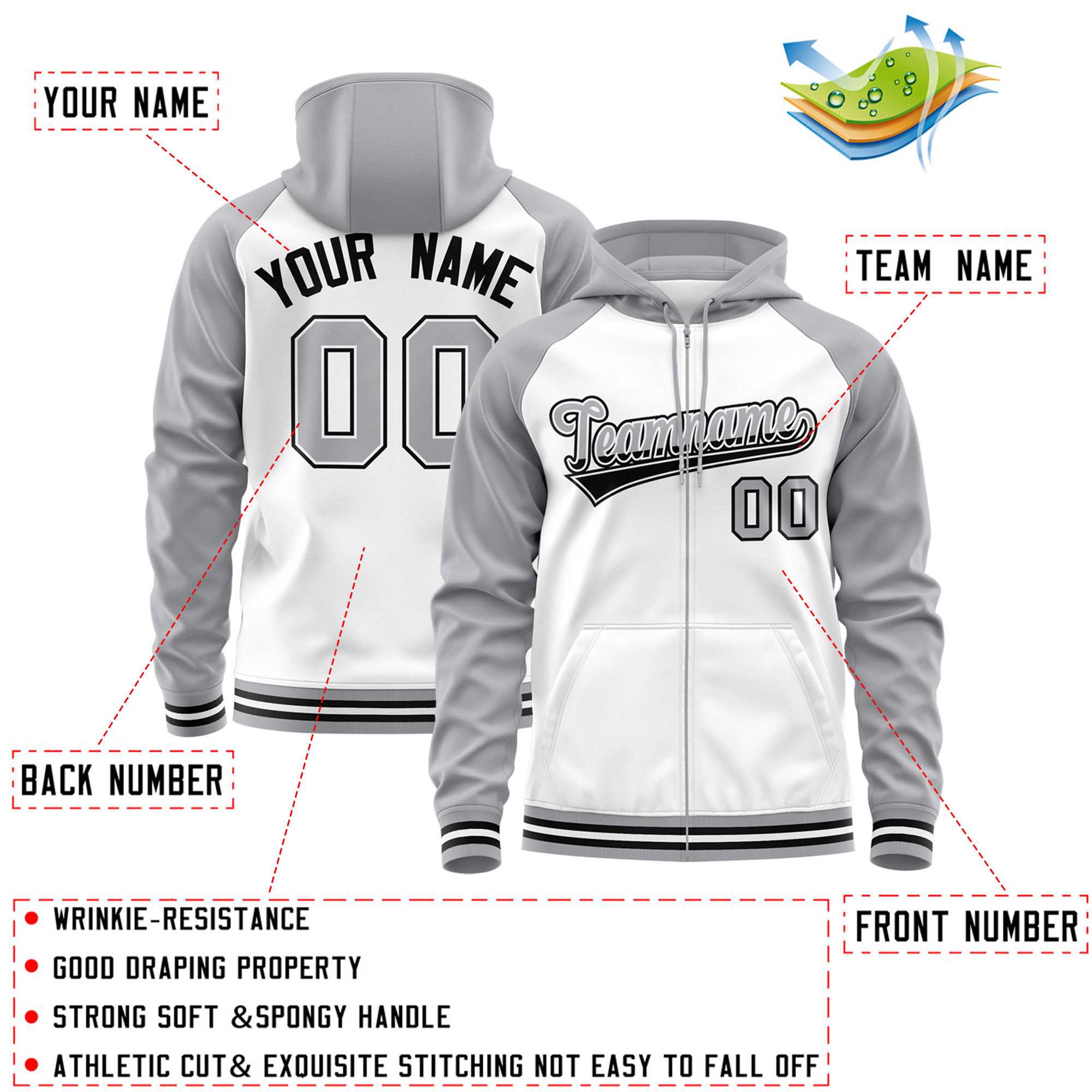 Custom Stitched White Light Gray Raglan Sleeves Sports Full-Zip Sweatshirt Hoodie| KXKSHOP