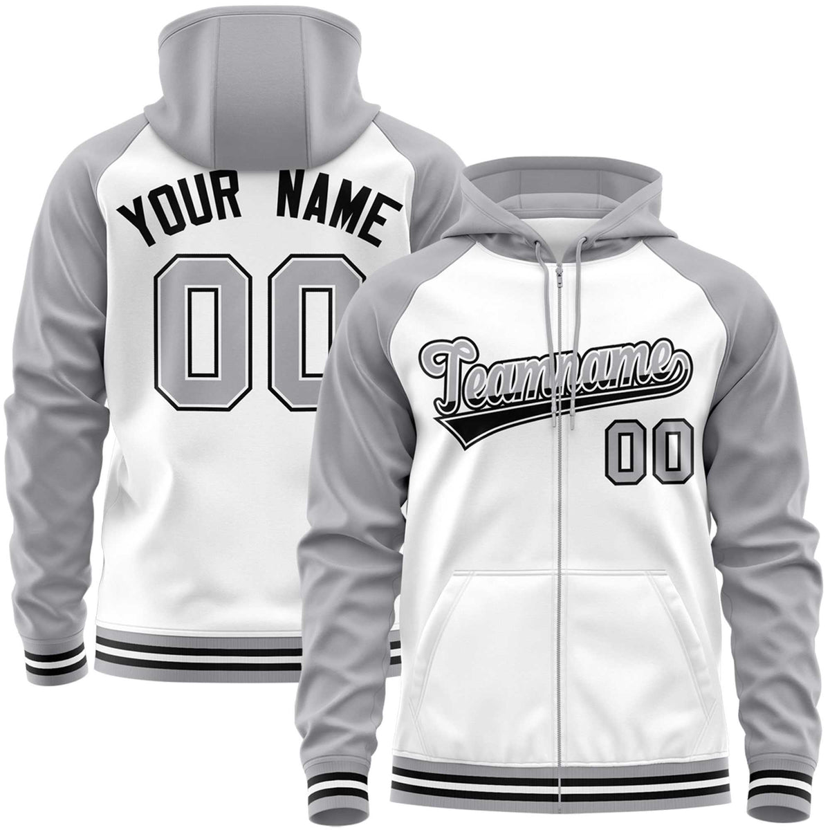 Custom Stitched White Light Gray Raglan Sleeves Sports Full-Zip Sweatshirt Hoodie| KXKSHOP