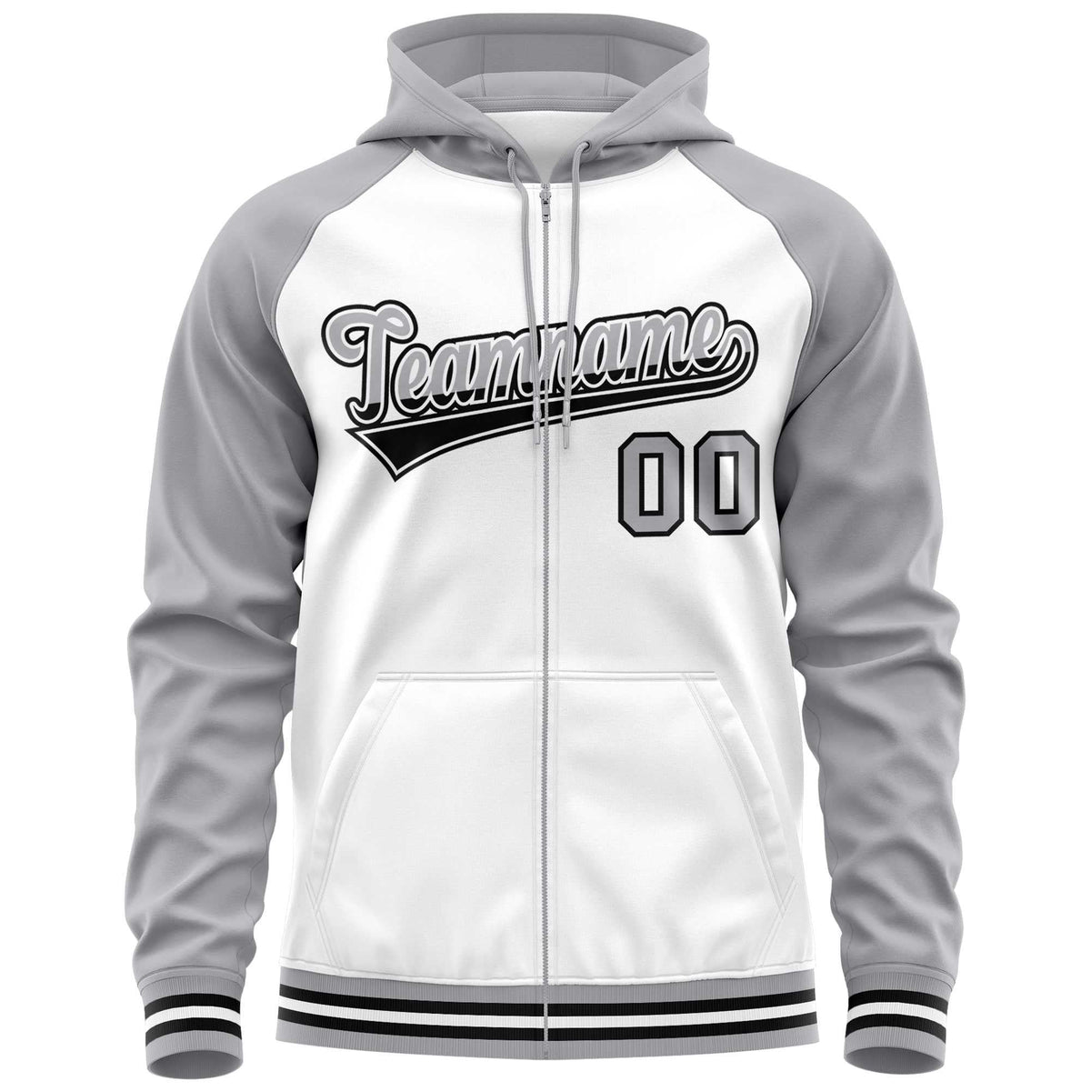 Custom Stitched White Light Gray Raglan Sleeves Sports Full-Zip Sweatshirt Hoodie| KXKSHOP