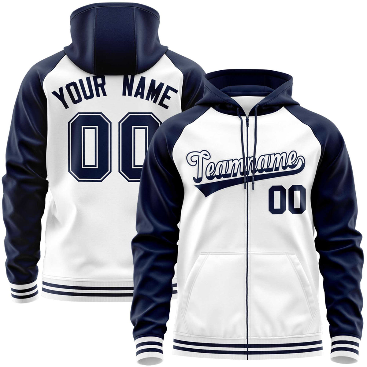 Custom Stitched White Navy Raglan Sleeves Sports Full-Zip Sweatshirt Hoodie| KXKSHOP