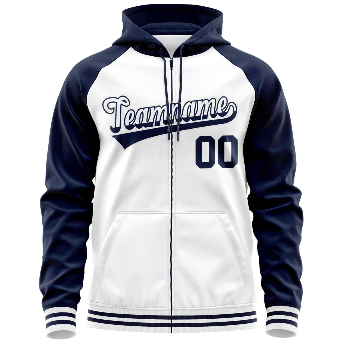 Custom Stitched White Navy Raglan Sleeves Sports Full-Zip Sweatshirt Hoodie| KXKSHOP