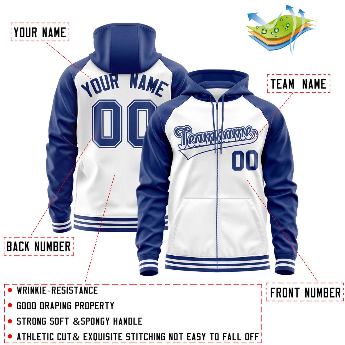 Custom Stitched White Royal Raglan Sleeves Sports Full-Zip Sweatshirt Hoodie| KXKSHOP