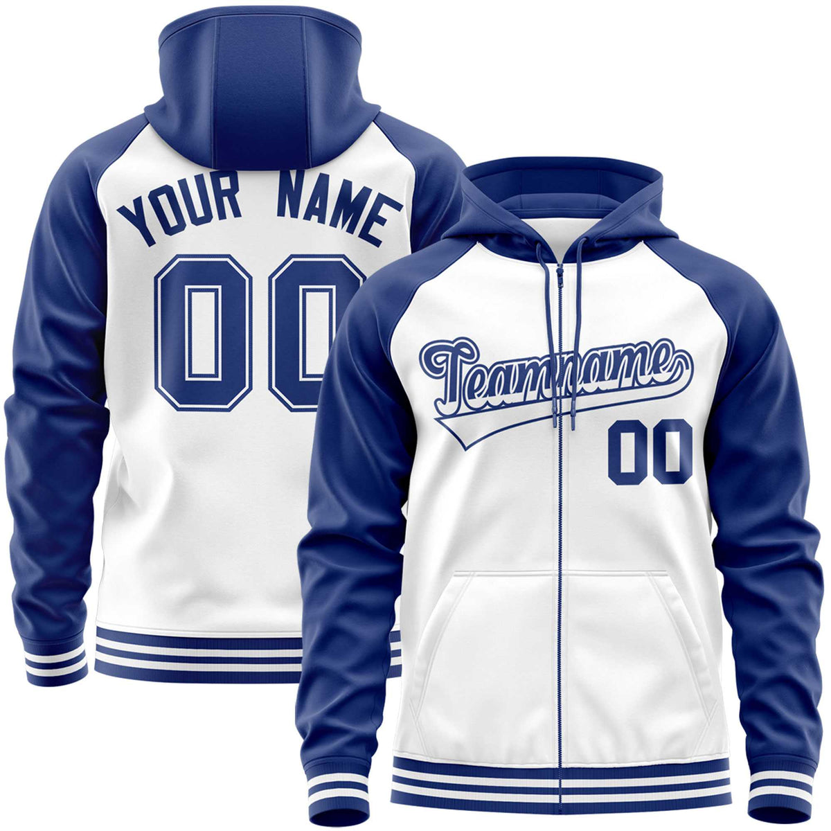 Custom Stitched White Royal Raglan Sleeves Sports Full-Zip Sweatshirt Hoodie| KXKSHOP