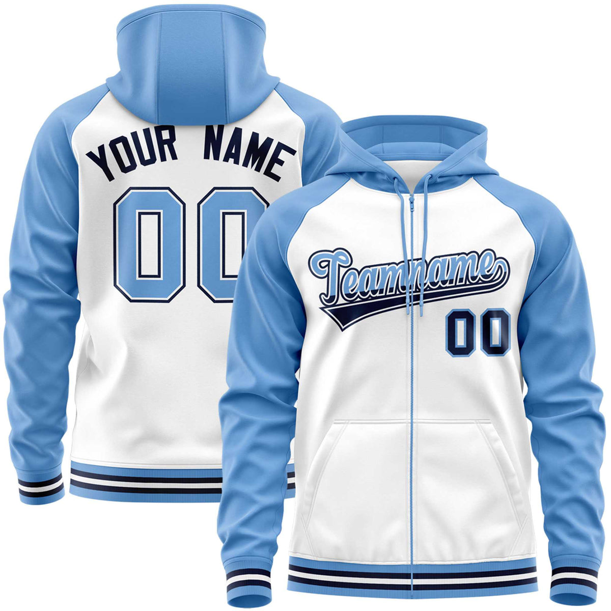 Custom Stitched White Powder Blue Raglan Sleeves Sports Full-Zip Sweatshirt Hoodie| KXKSHOP