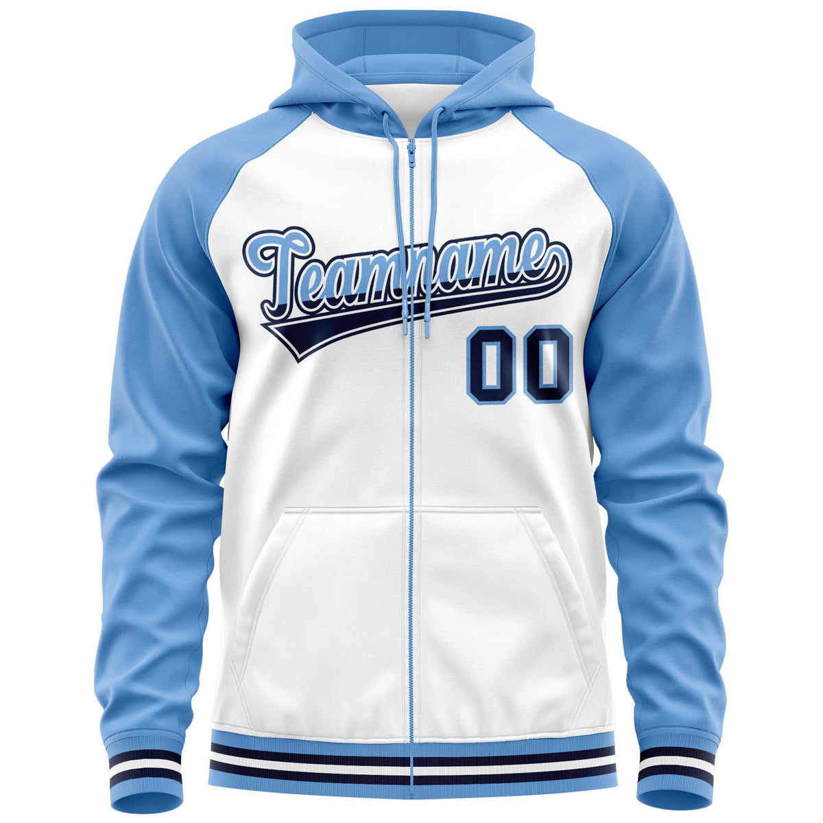 Custom Stitched White Powder Blue Raglan Sleeves Sports Full-Zip Sweatshirt Hoodie| KXKSHOP