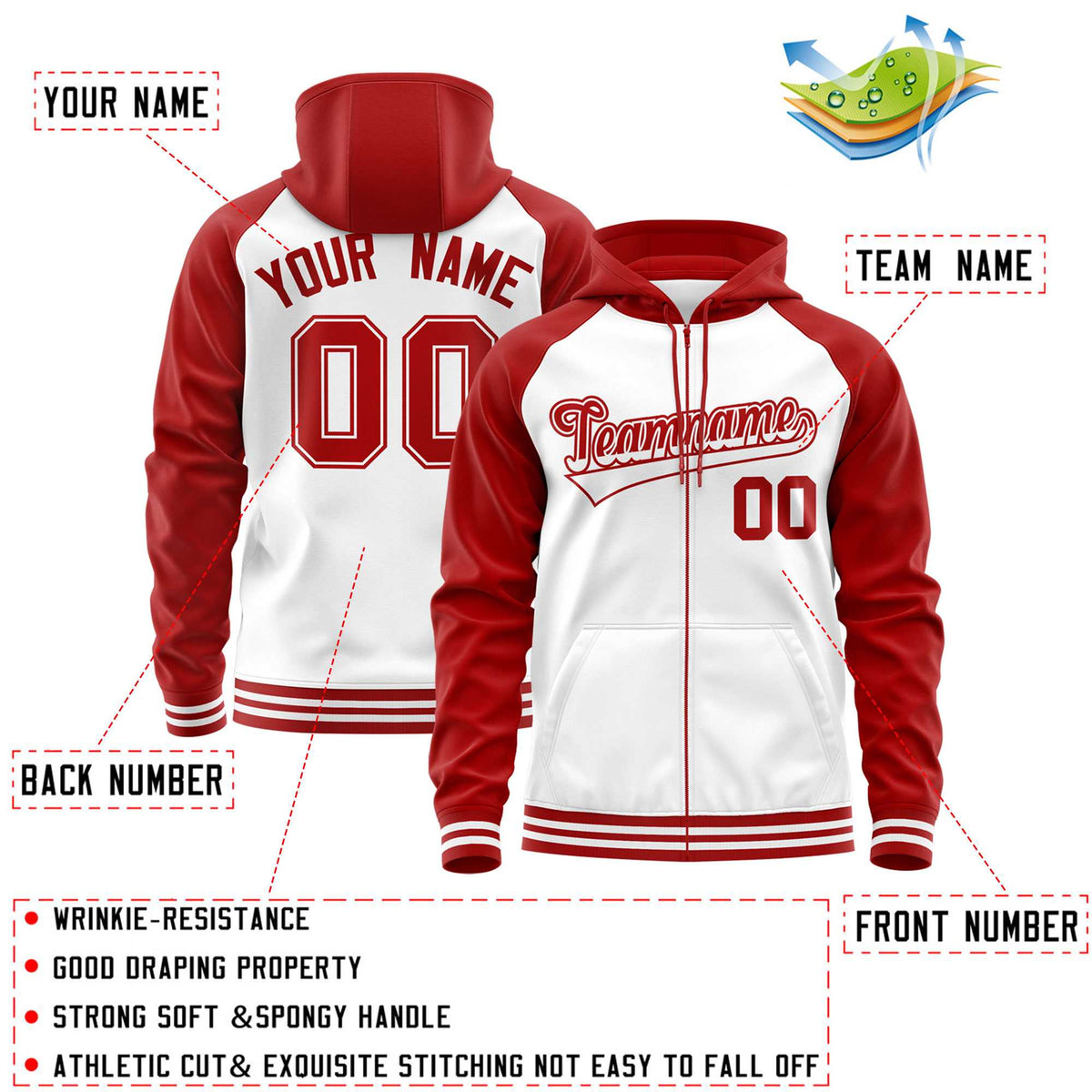Custom Stitched White Red Raglan Sleeves Sports Full-Zip Sweatshirt Hoodie| KXKSHOP