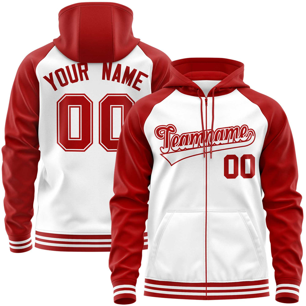 Custom Stitched White Red Raglan Sleeves Sports Full-Zip Sweatshirt Hoodie| KXKSHOP