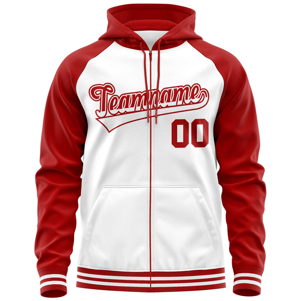 Custom Stitched White Red Raglan Sleeves Sports Full-Zip Sweatshirt Hoodie| KXKSHOP