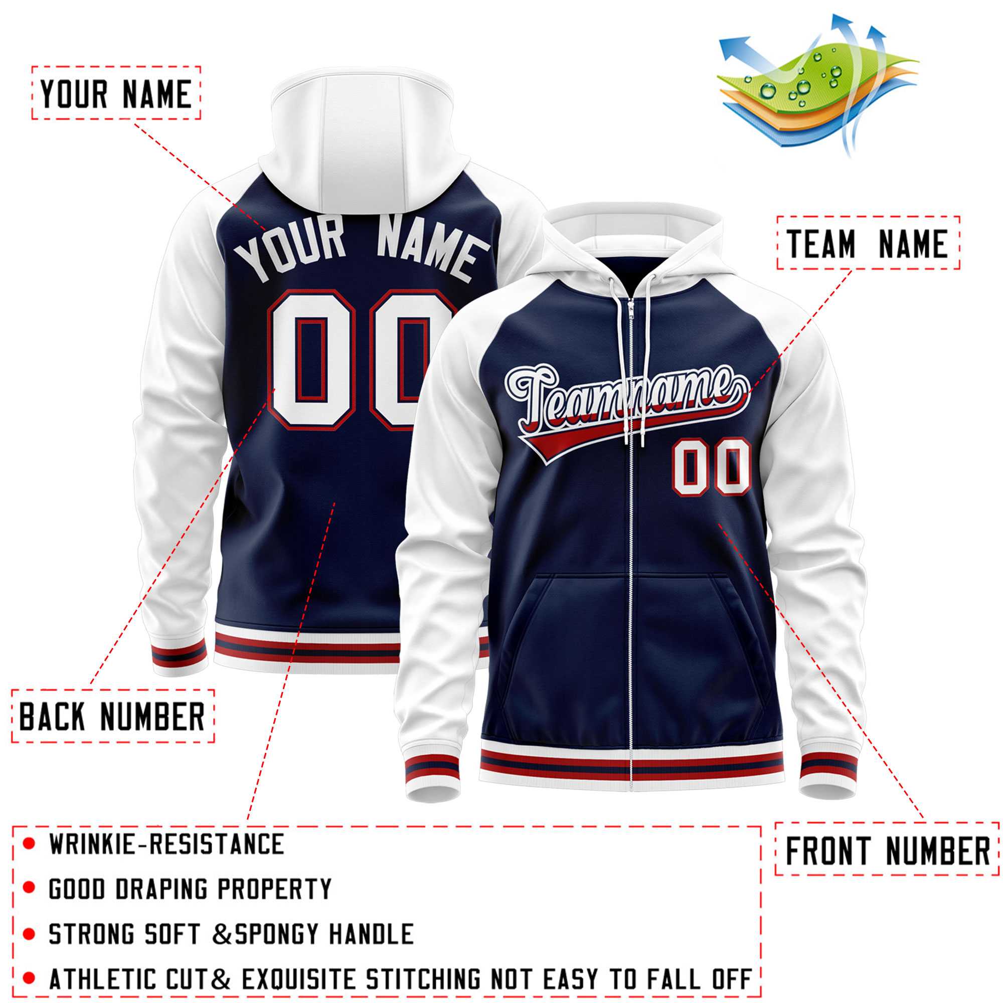 Custom Stitched Navy White Raglan Sleeves Sports Full-Zip Sweatshirt Hoodie| KXKSHOP