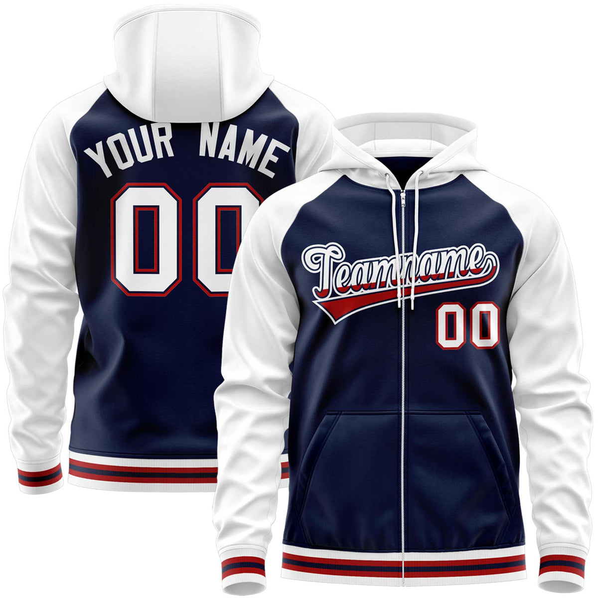 Custom Stitched Navy White Raglan Sleeves Sports Full-Zip Sweatshirt Hoodie| KXKSHOP