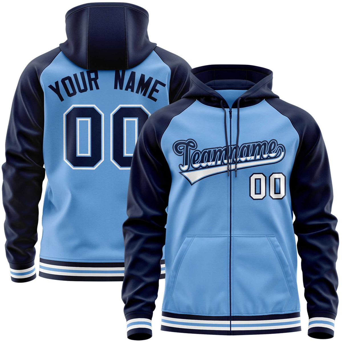 Custom Stitched Powder Blue Navy Raglan Sleeves Sports Full-Zip Sweatshirt Hoodie| KXKSHOP