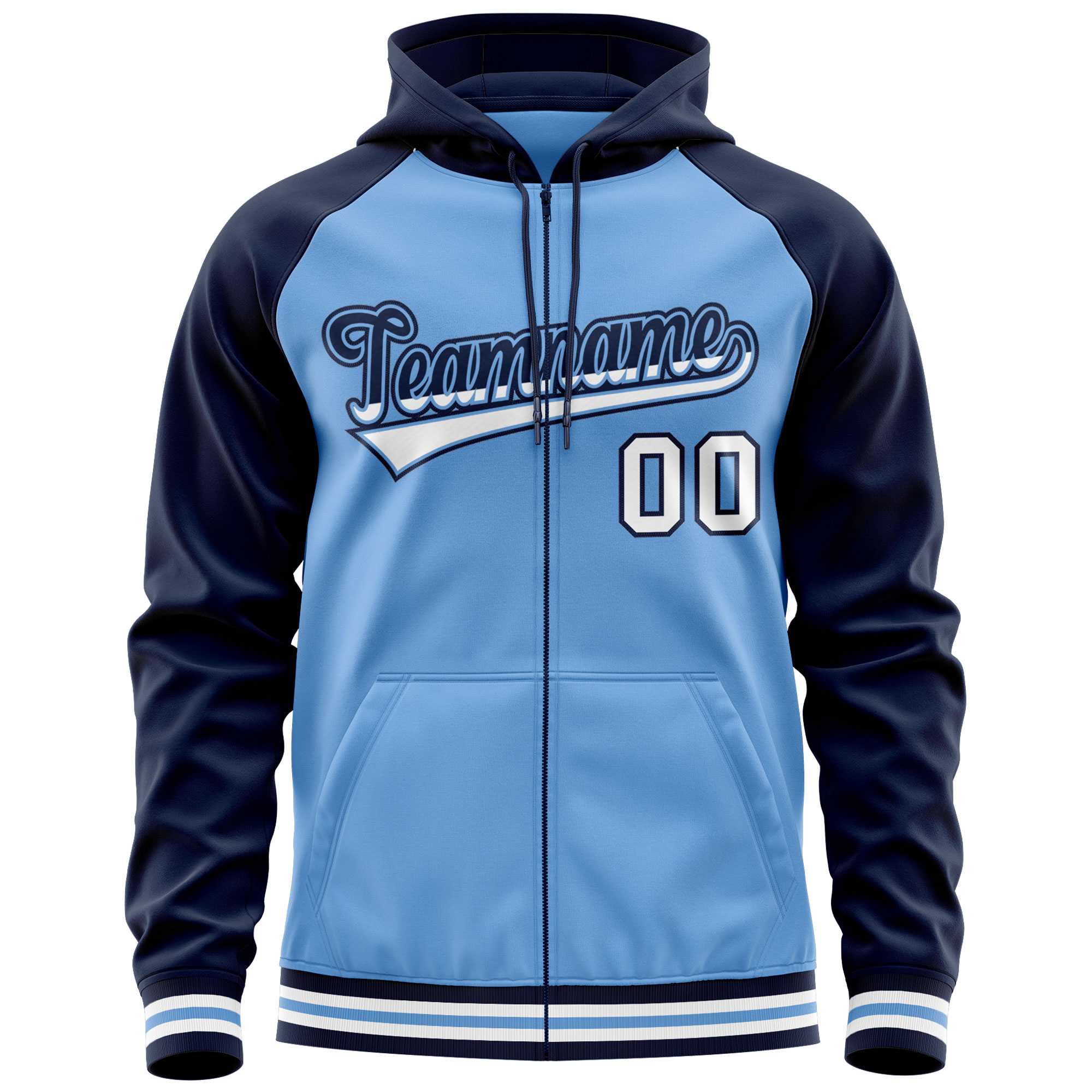 Custom Stitched Powder Blue Navy Raglan Sleeves Sports Full-Zip Sweatshirt Hoodie| KXKSHOP