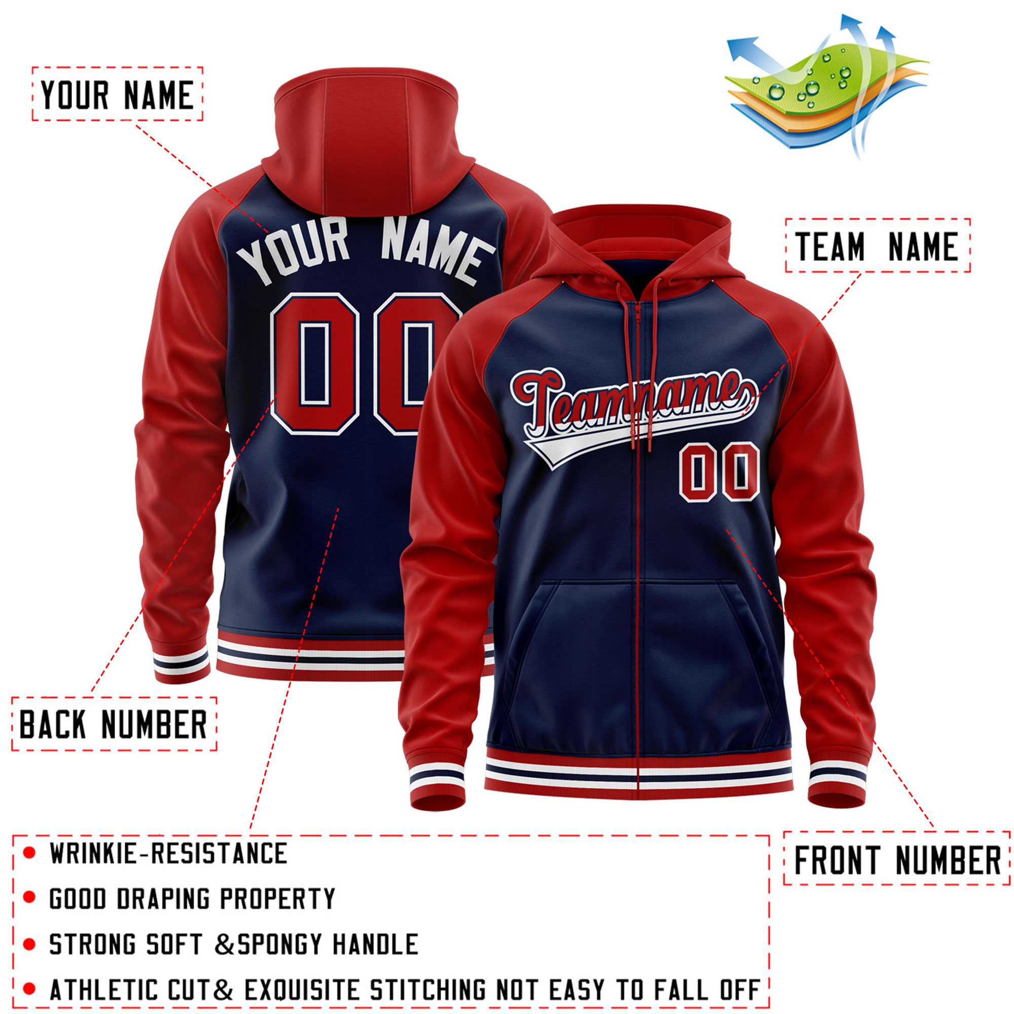 Custom Stitched Navy Red Raglan Sleeves Sports Full-Zip Sweatshirt Hoodie| KXKSHOP