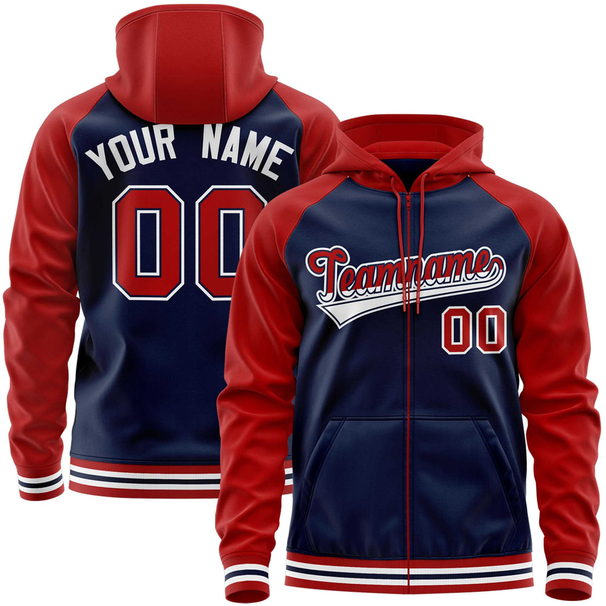 Custom Stitched Navy Red Raglan Sleeves Sports Full-Zip Sweatshirt Hoodie| KXKSHOP