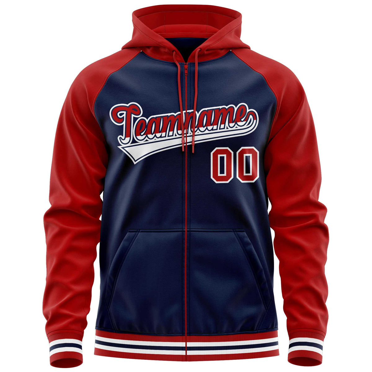 Custom Stitched Navy Red Raglan Sleeves Sports Full-Zip Sweatshirt Hoodie| KXKSHOP