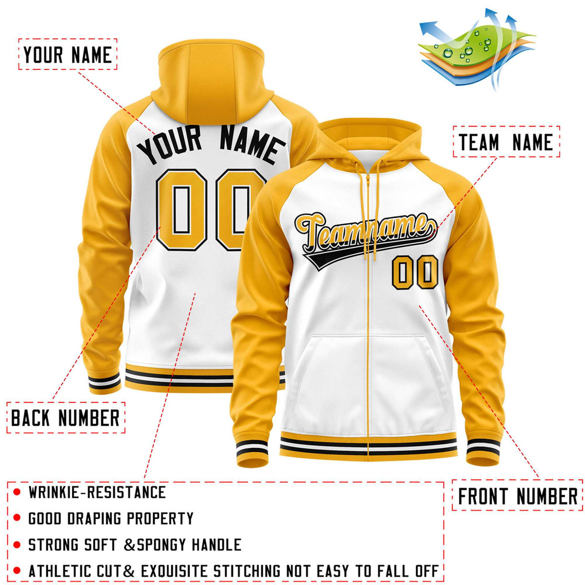 Custom Stitched White Yellow Raglan Sleeves Sports Full-Zip Sweatshirt Hoodie| KXKSHOP