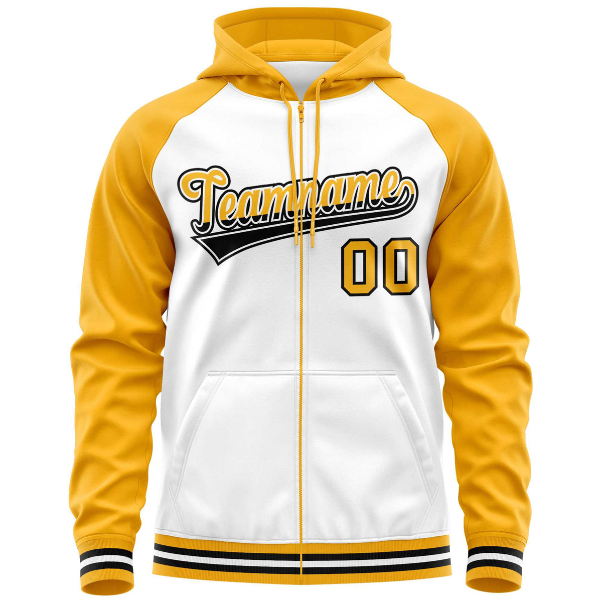 Custom Stitched White Yellow Raglan Sleeves Sports Full-Zip Sweatshirt Hoodie| KXKSHOP