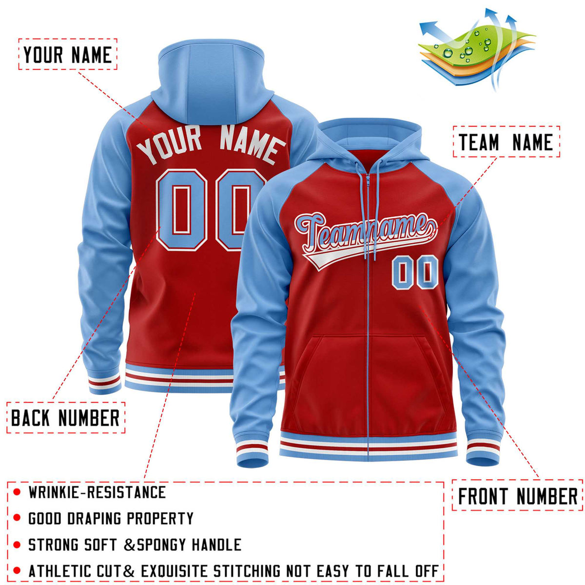 Custom Stitched Red Powder Blue Raglan Sleeves Sports Full-Zip Sweatshirt Hoodie| KXKSHOP