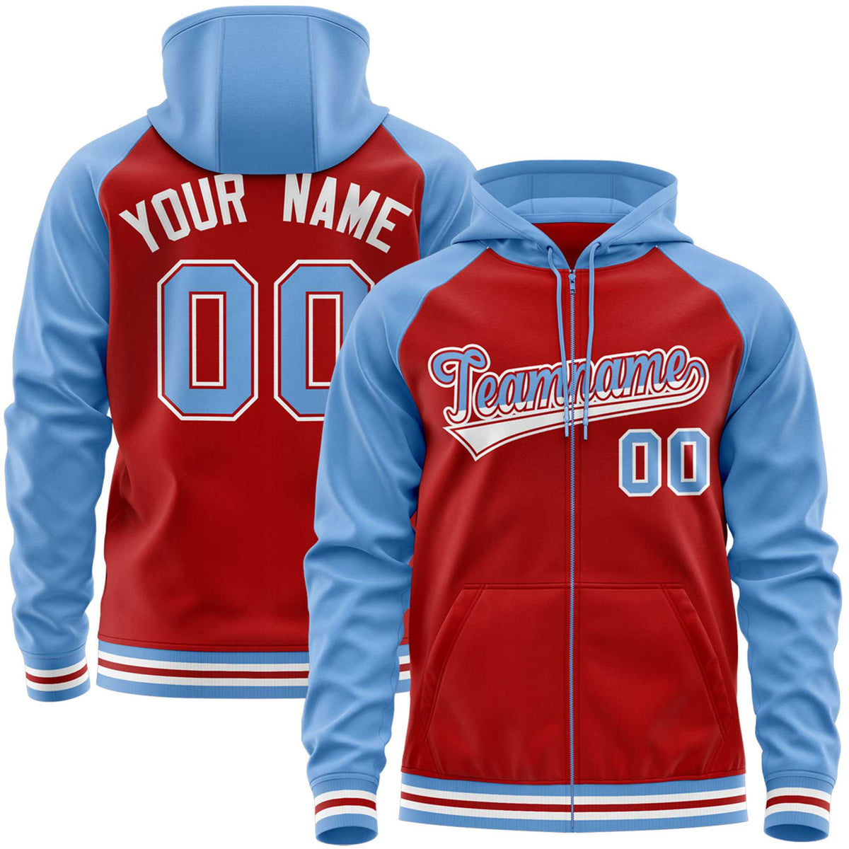 Custom Stitched Red Powder Blue Raglan Sleeves Sports Full-Zip Sweatshirt Hoodie| KXKSHOP
