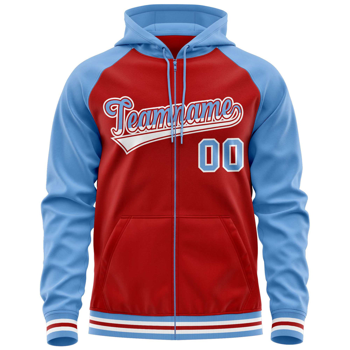 Custom Stitched Red Powder Blue Raglan Sleeves Sports Full-Zip Sweatshirt Hoodie| KXKSHOP