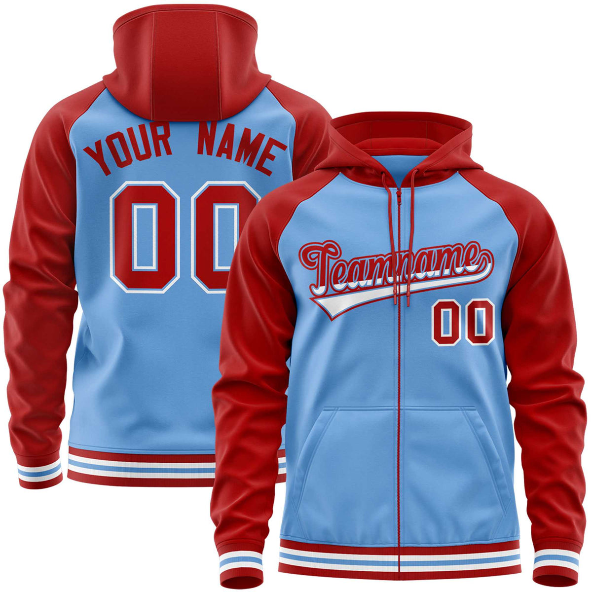 Custom Stitched Powder Blue Red Raglan Sleeves Sports Full-Zip Sweatshirt Hoodie| KXKSHOP
