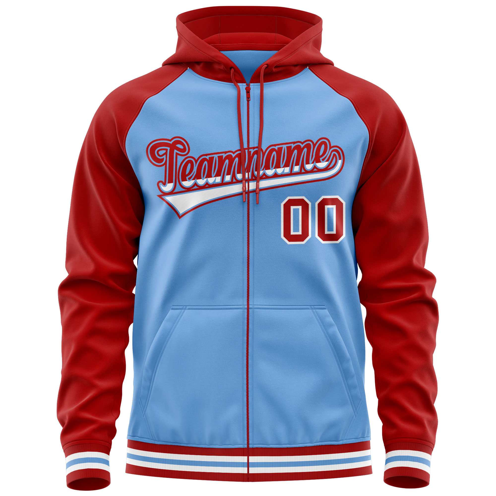 Custom Stitched Powder Blue Red Raglan Sleeves Sports Full-Zip Sweatshirt Hoodie| KXKSHOP