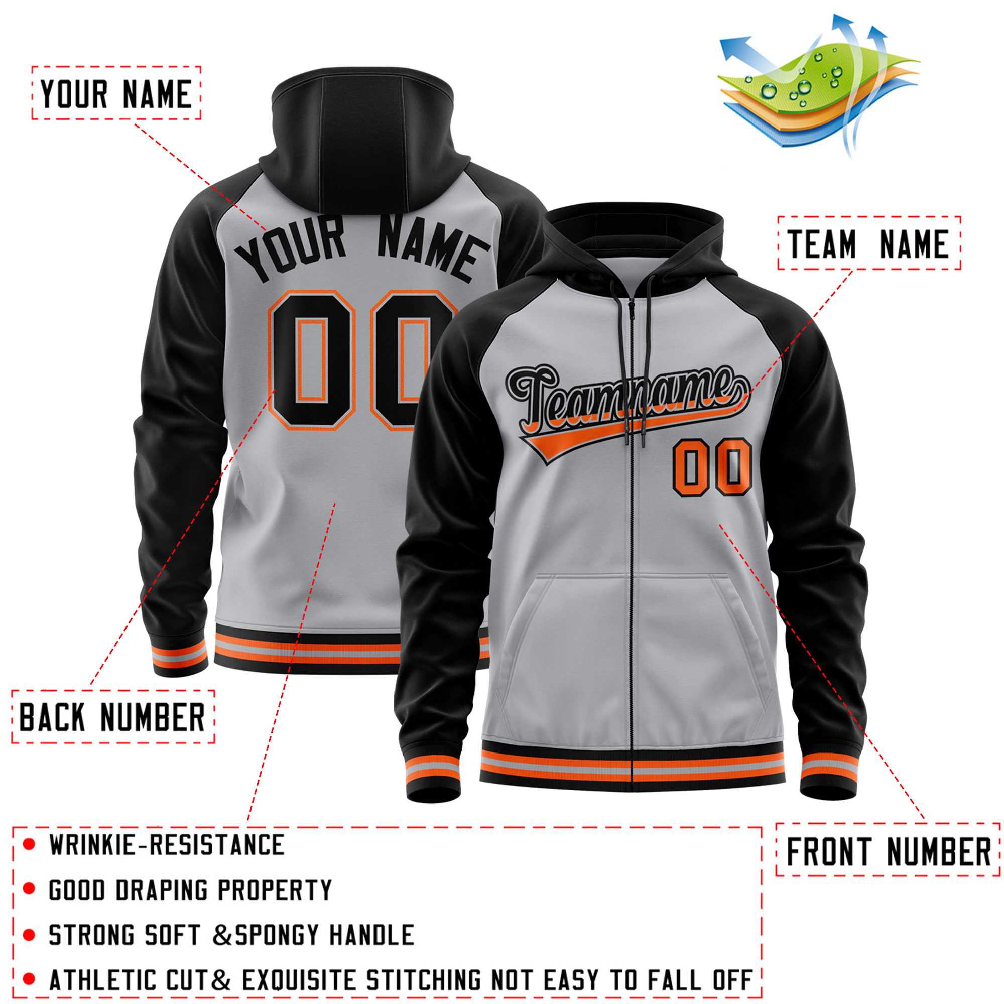 Custom Stitched Gray Black Raglan Sleeves Sports Full-Zip Sweatshirt Hoodie| KXKSHOP