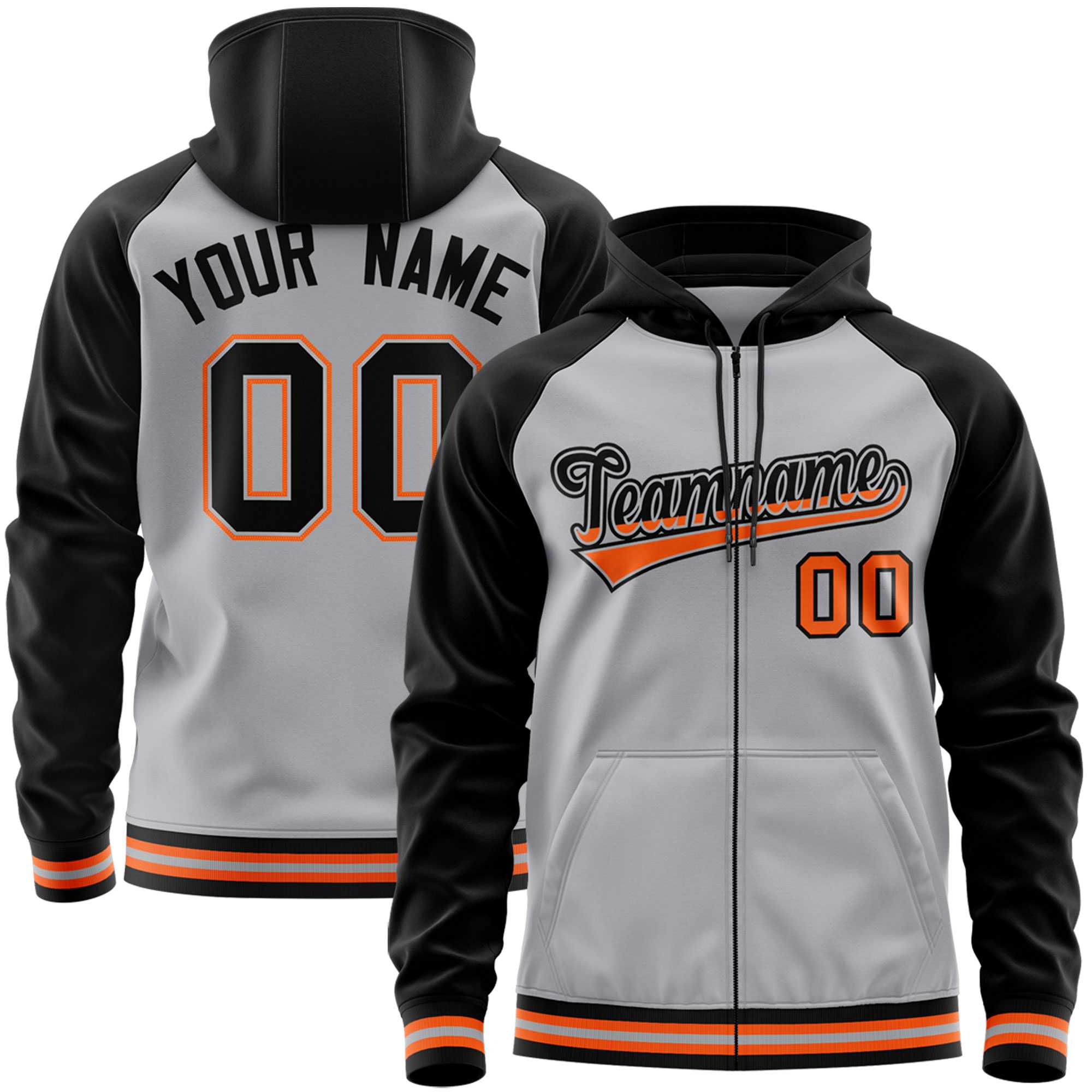Custom Stitched Gray Black Raglan Sleeves Sports Full-Zip Sweatshirt Hoodie| KXKSHOP