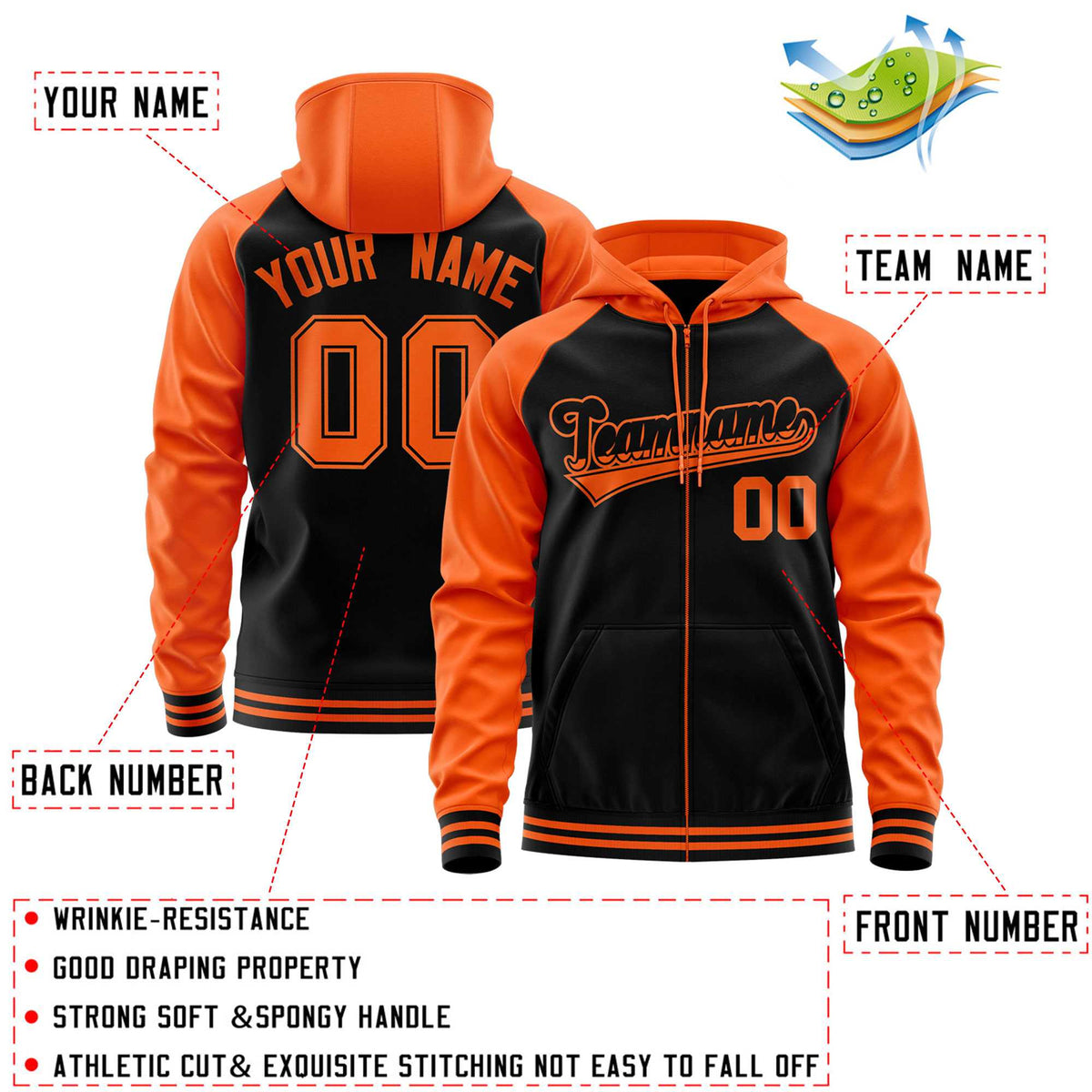 Custom Stitched Black Orange Raglan Sleeves Sports Full-Zip Sweatshirt Hoodie| KXKSHOP