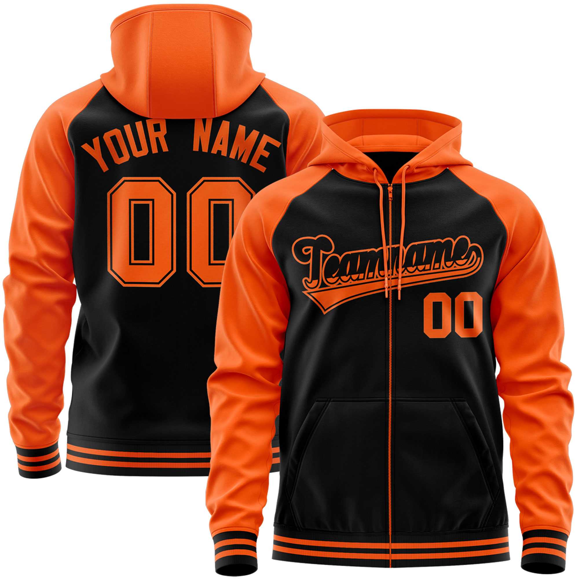 Custom Stitched Black Orange Raglan Sleeves Sports Full-Zip Sweatshirt Hoodie| KXKSHOP