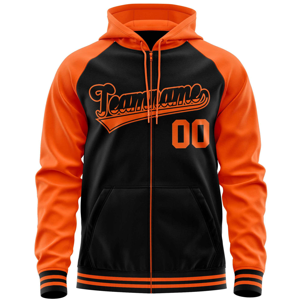 Custom Stitched Black Orange Raglan Sleeves Sports Full-Zip Sweatshirt Hoodie| KXKSHOP
