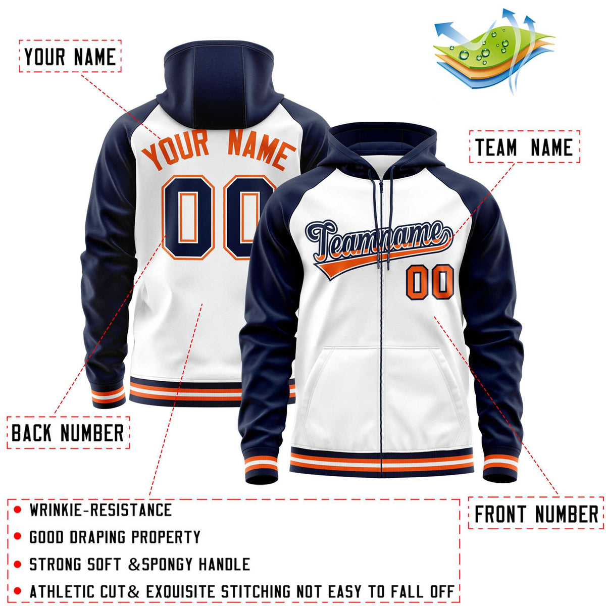 Custom Stitched White Navy Raglan Sleeves Sports Full-Zip Sweatshirt Hoodie| KXKSHOP