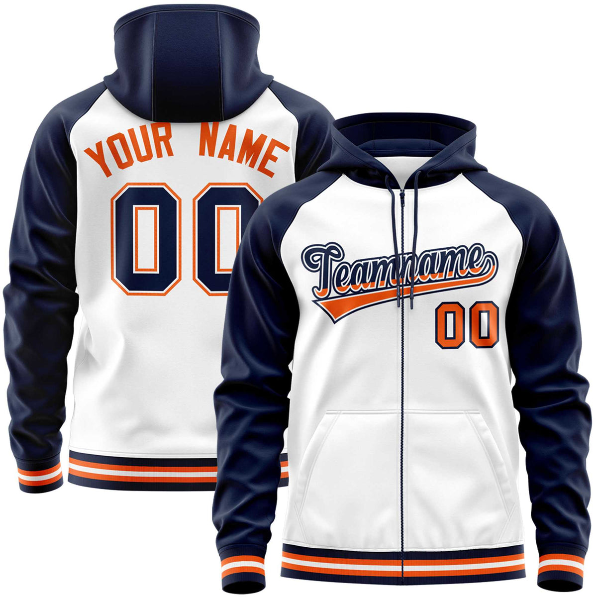 Custom Stitched White Navy Raglan Sleeves Sports Full-Zip Sweatshirt Hoodie| KXKSHOP