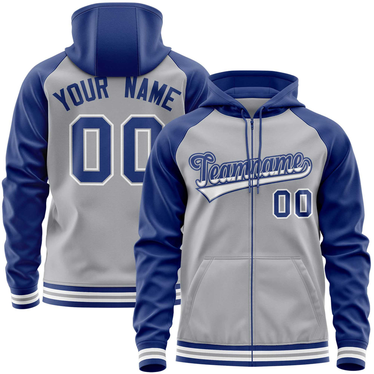 Custom Stitched Gray Royal Raglan Sleeves Sports Full-Zip Sweatshirt Hoodie| KXKSHOP