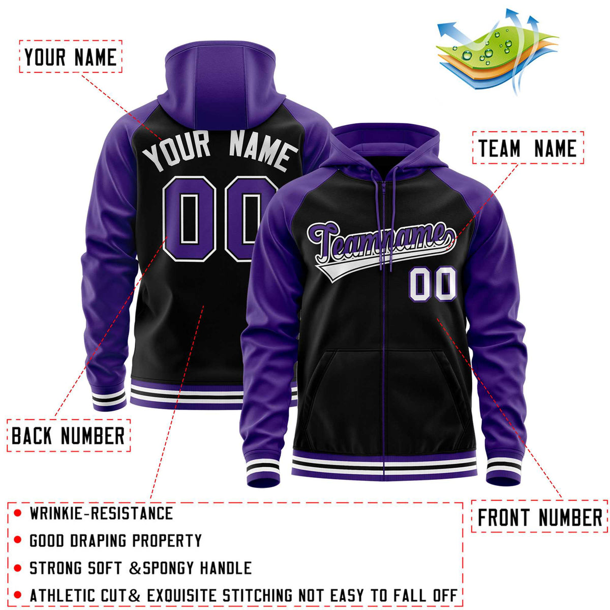 Custom Stitched Black Purple Raglan Sleeves Sports Full-Zip Sweatshirt Hoodie| KXKSHOP