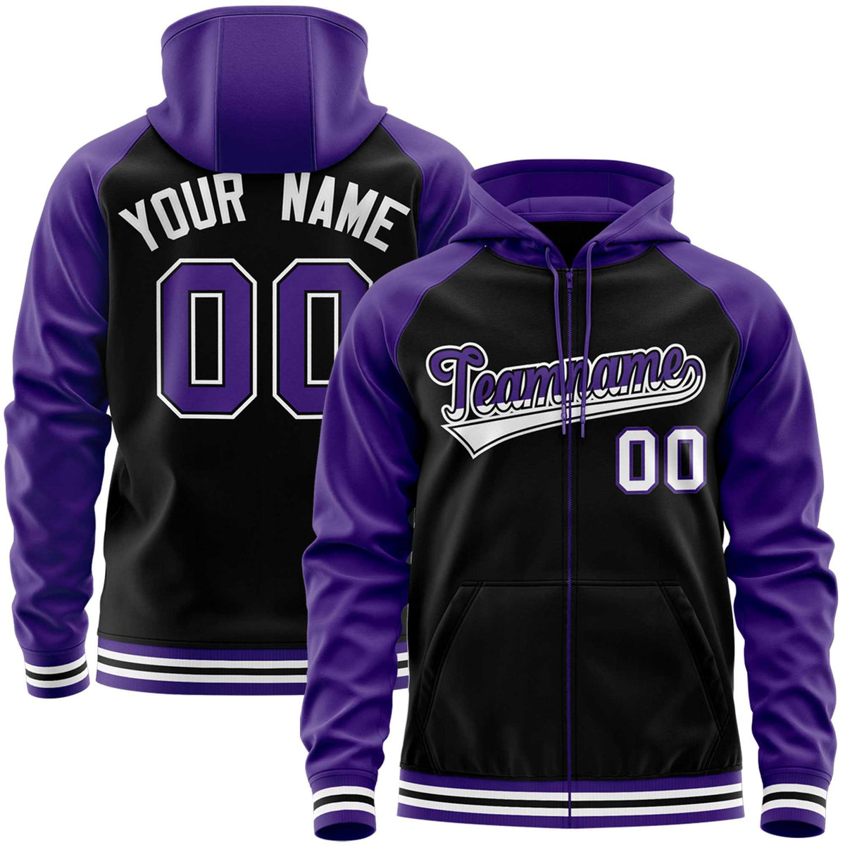 Custom Stitched Black Purple Raglan Sleeves Sports Full-Zip Sweatshirt Hoodie| KXKSHOP