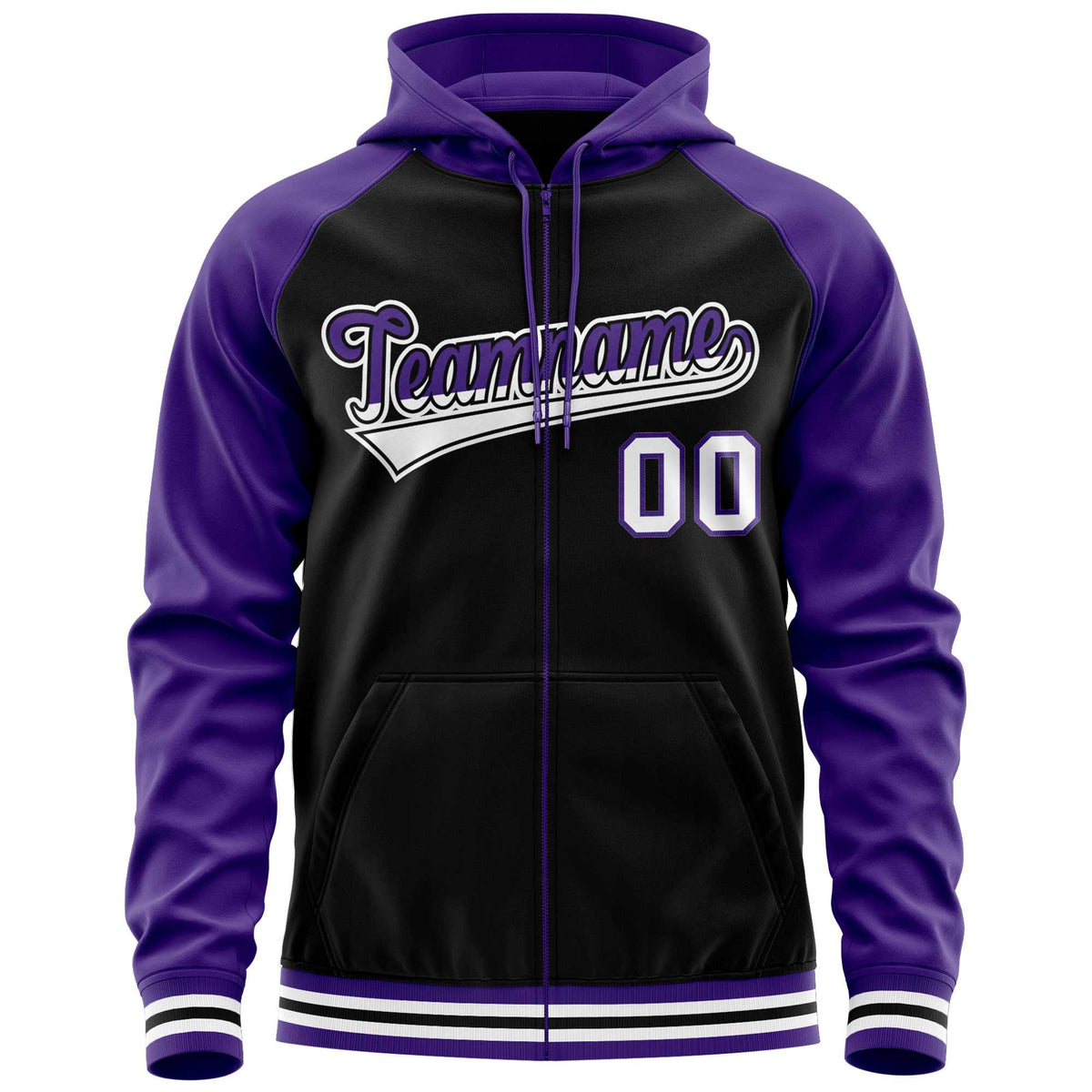 Custom Stitched Black Purple Raglan Sleeves Sports Full-Zip Sweatshirt Hoodie| KXKSHOP