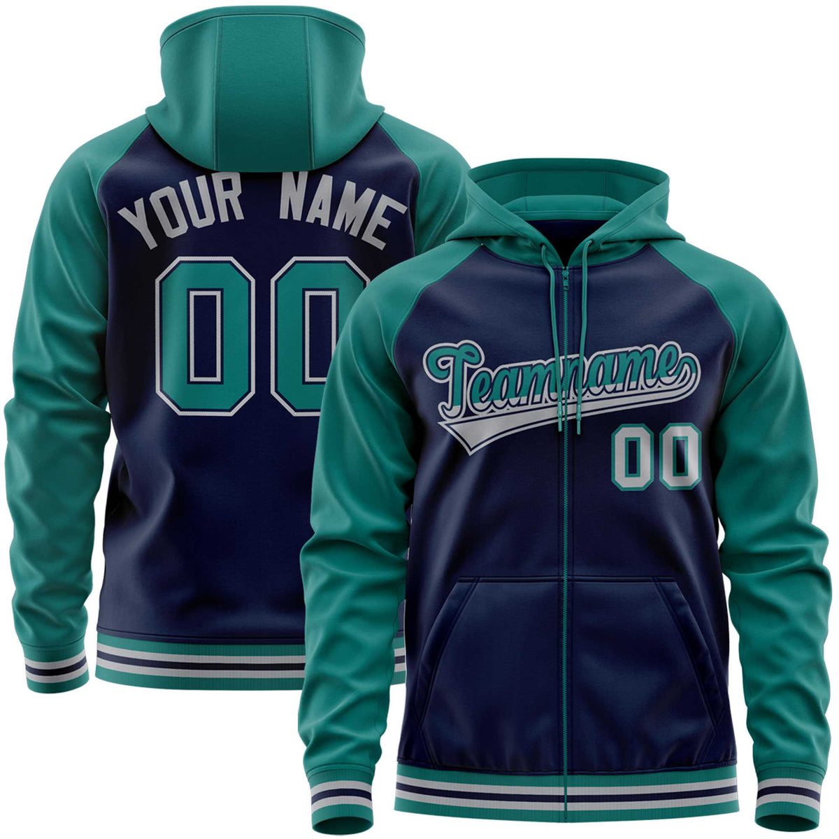 Custom Stitched Navy Aqua Raglan Sleeves Sports Full-Zip Sweatshirt Hoodie| KXKSHOP
