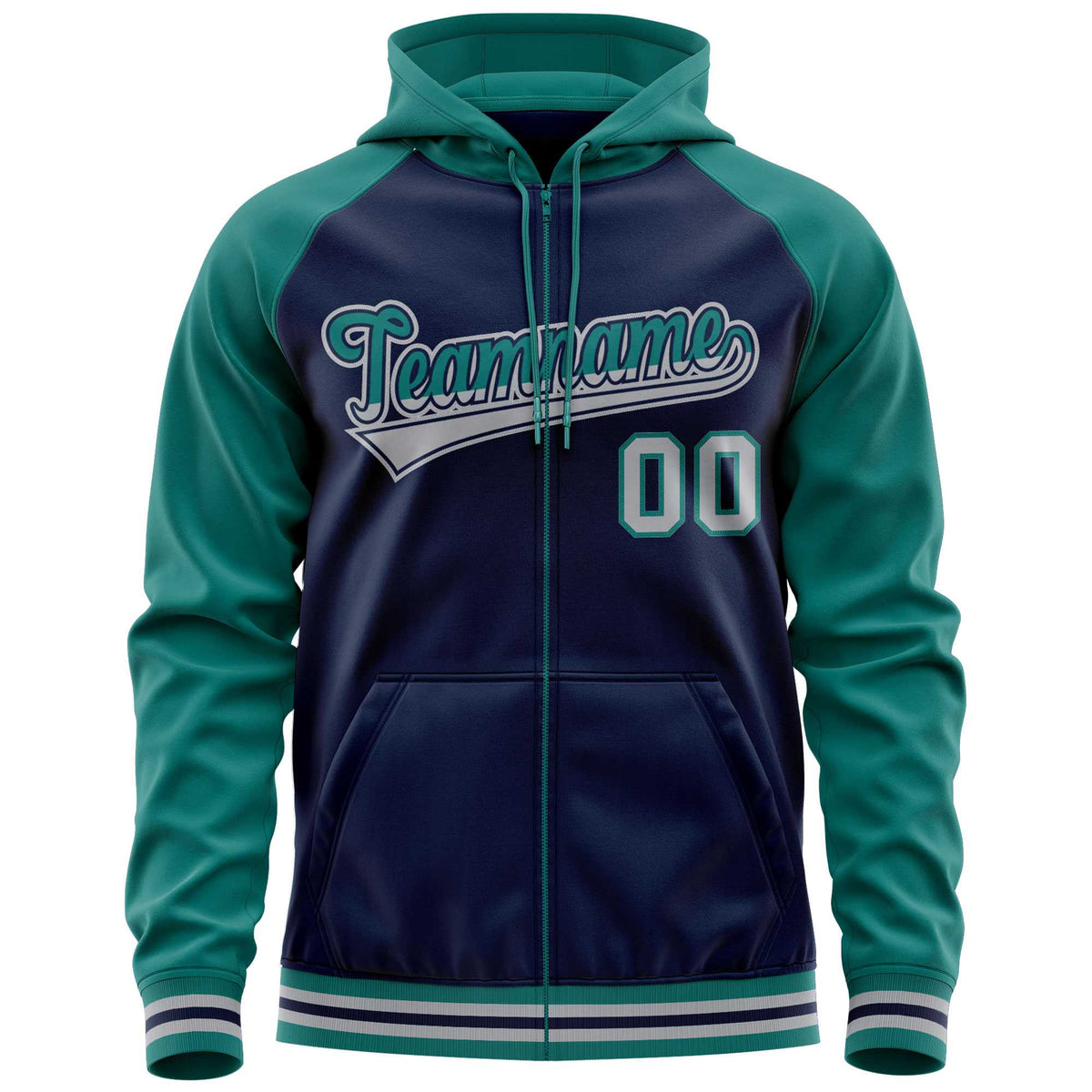 Custom Stitched Navy Aqua Raglan Sleeves Sports Full-Zip Sweatshirt Hoodie| KXKSHOP