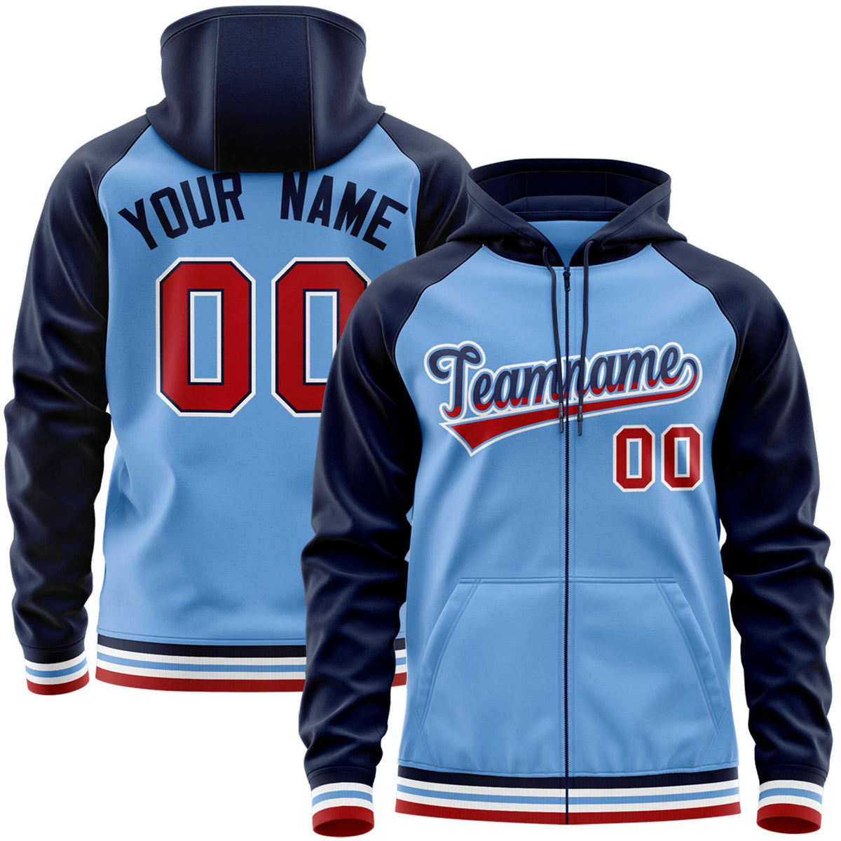 Custom Stitched Powder Blue Navy Raglan Sleeves Sports Full-Zip Sweatshirt Hoodie| KXKSHOP