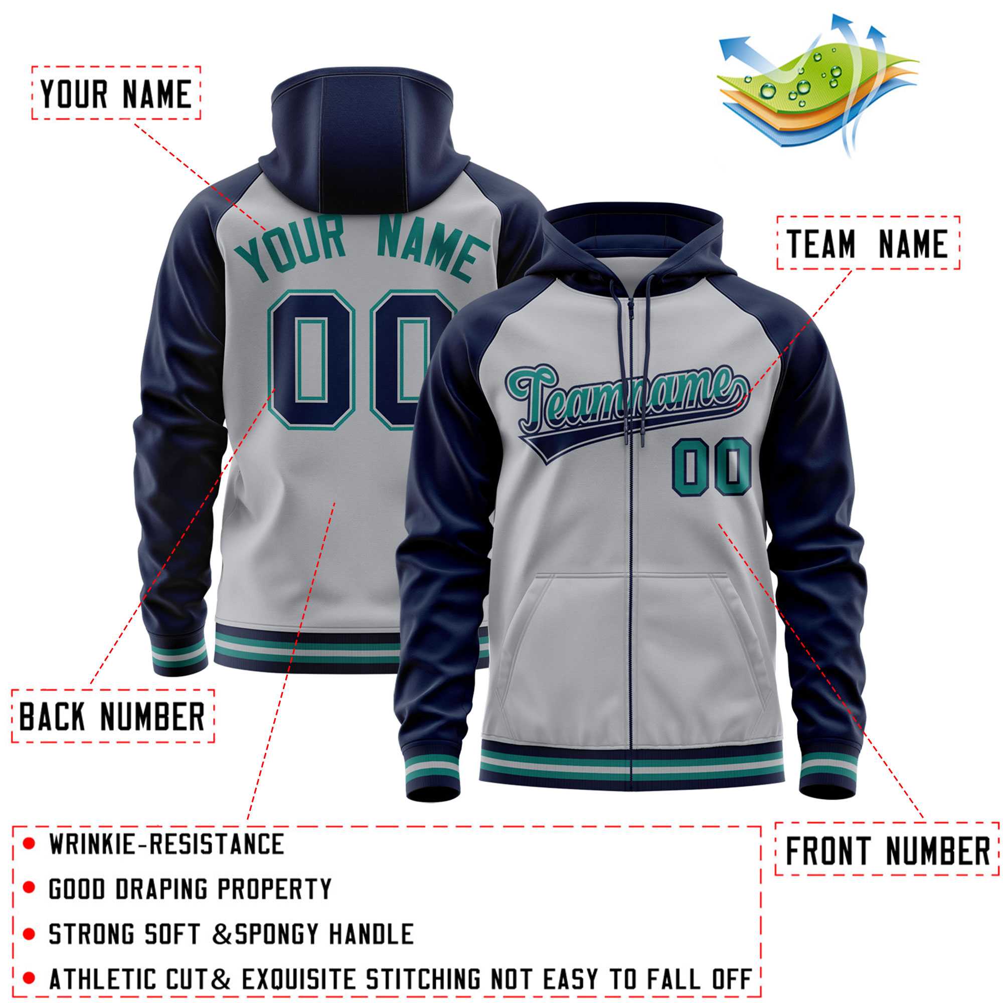Custom Stitched Gray Navy Raglan Sleeves Sports Full-Zip Sweatshirt Hoodie| KXKSHOP