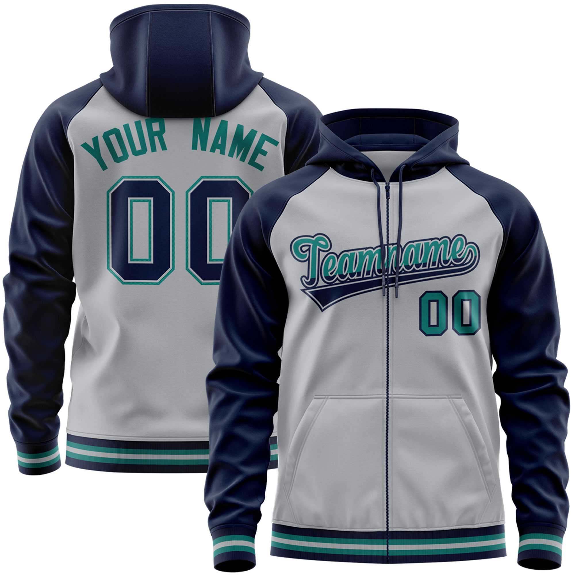 Custom Stitched Gray Navy Raglan Sleeves Sports Full-Zip Sweatshirt Hoodie| KXKSHOP