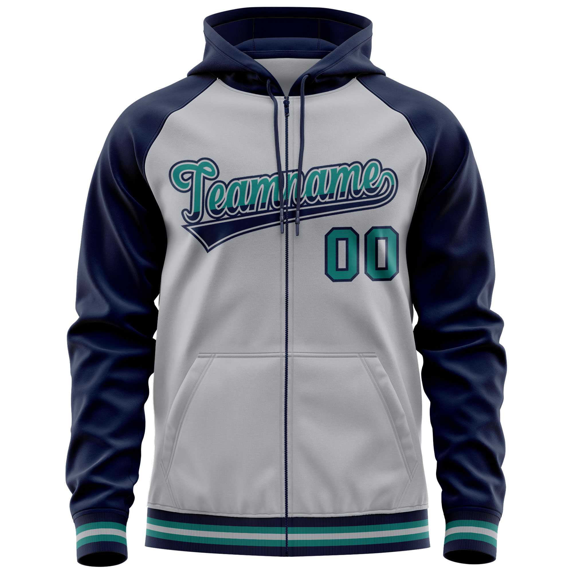 Custom Stitched Gray Navy Raglan Sleeves Sports Full-Zip Sweatshirt Hoodie| KXKSHOP