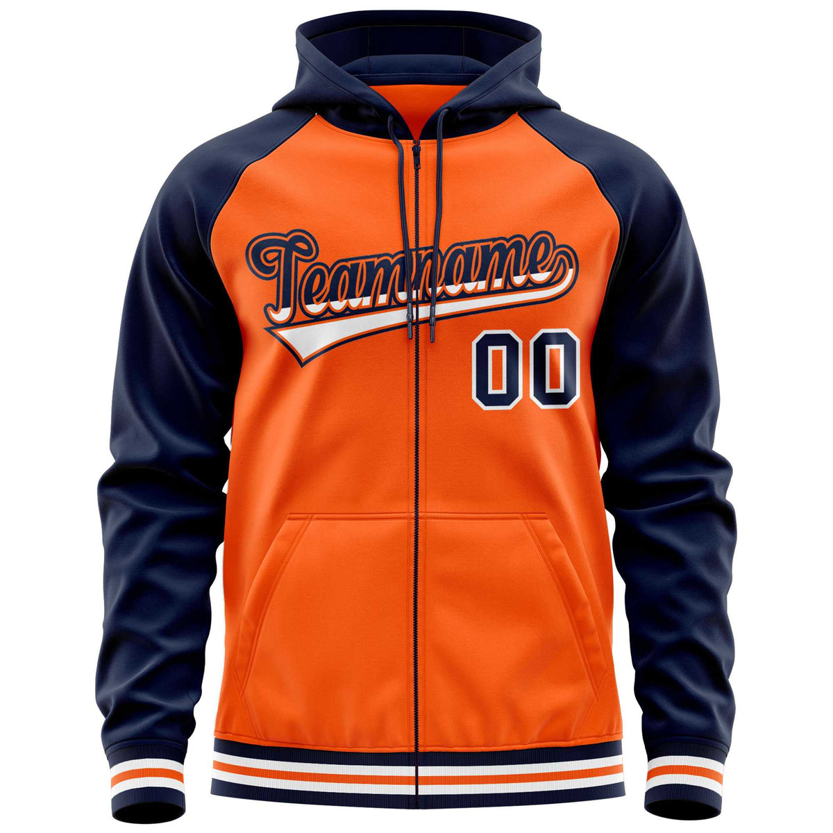 Custom Stitched Orange Navy Raglan Sleeves Sports Full-Zip Sweatshirt Hoodie| KXKSHOP