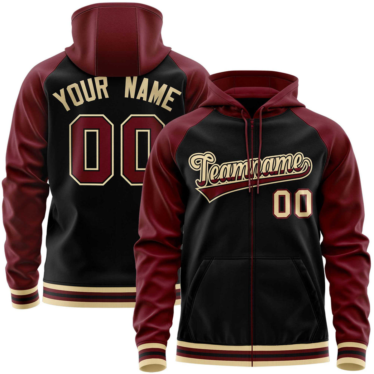 Custom Stitched Black Crimson Raglan Sleeves Sports Full-Zip Sweatshirt Hoodie| KXKSHOP