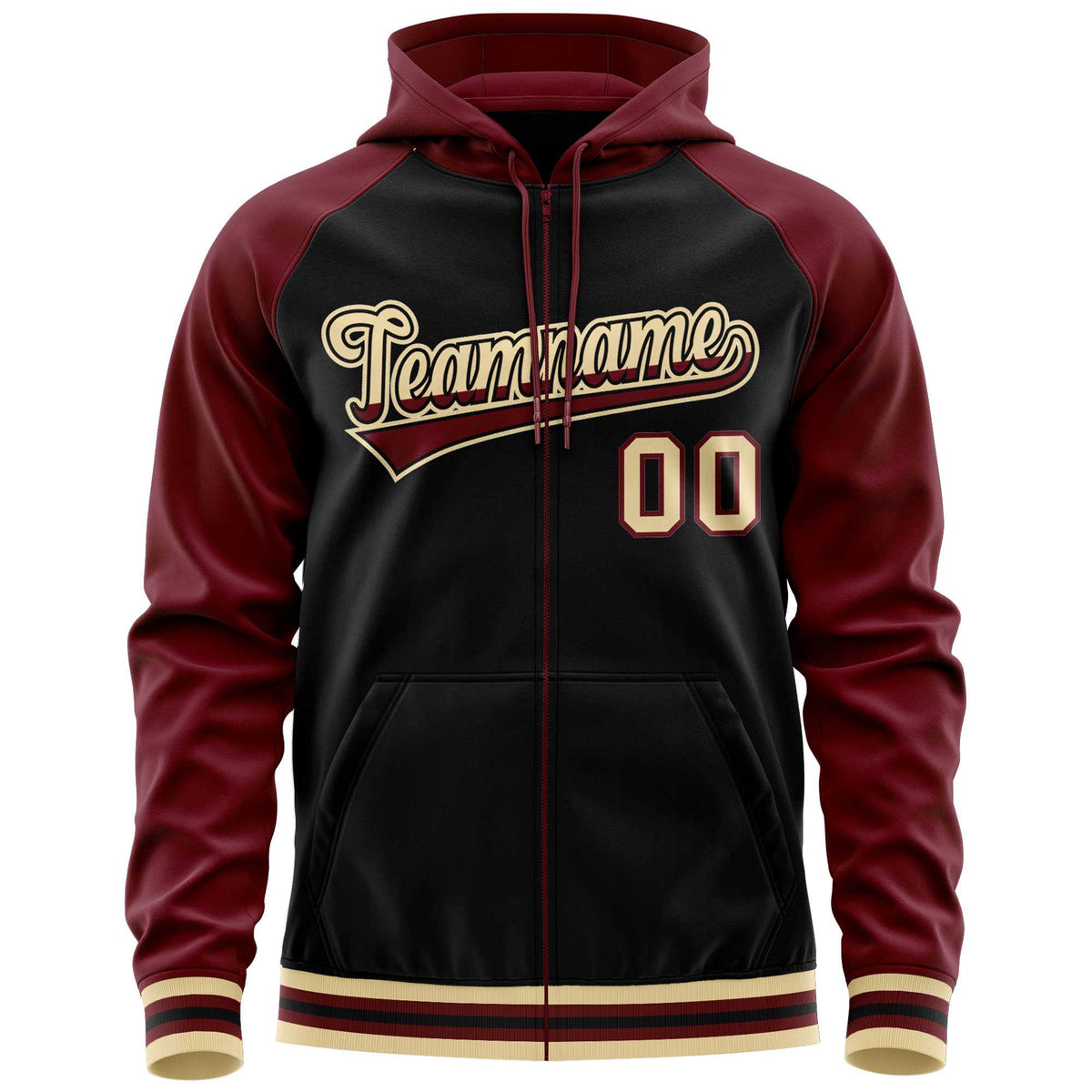 Custom Stitched Black Crimson Raglan Sleeves Sports Full-Zip Sweatshirt Hoodie| KXKSHOP