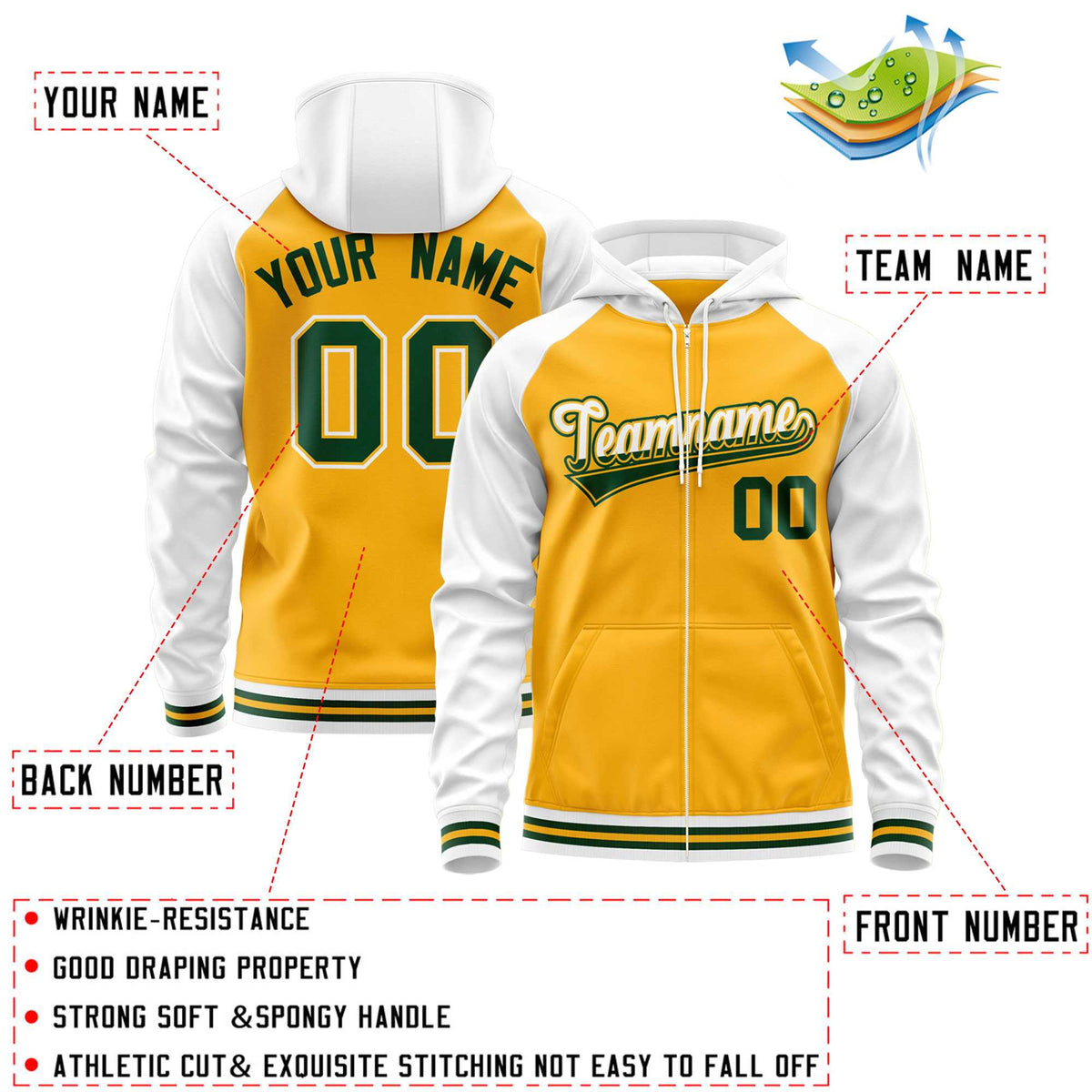 Custom Stitched Yellow White Raglan Sleeves Sports Full-Zip Sweatshirt Hoodie| KXKSHOP